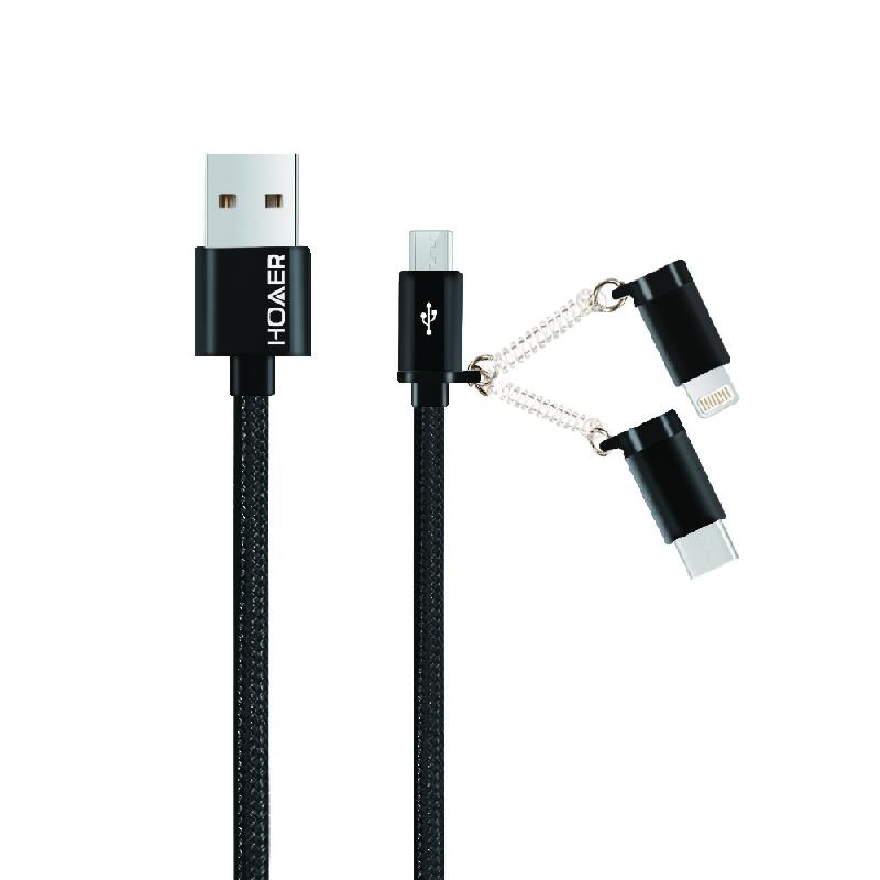 Câble nylon 3 EN 1 (Lightning, Type-C, Micro-USB) Vers UBS Noir